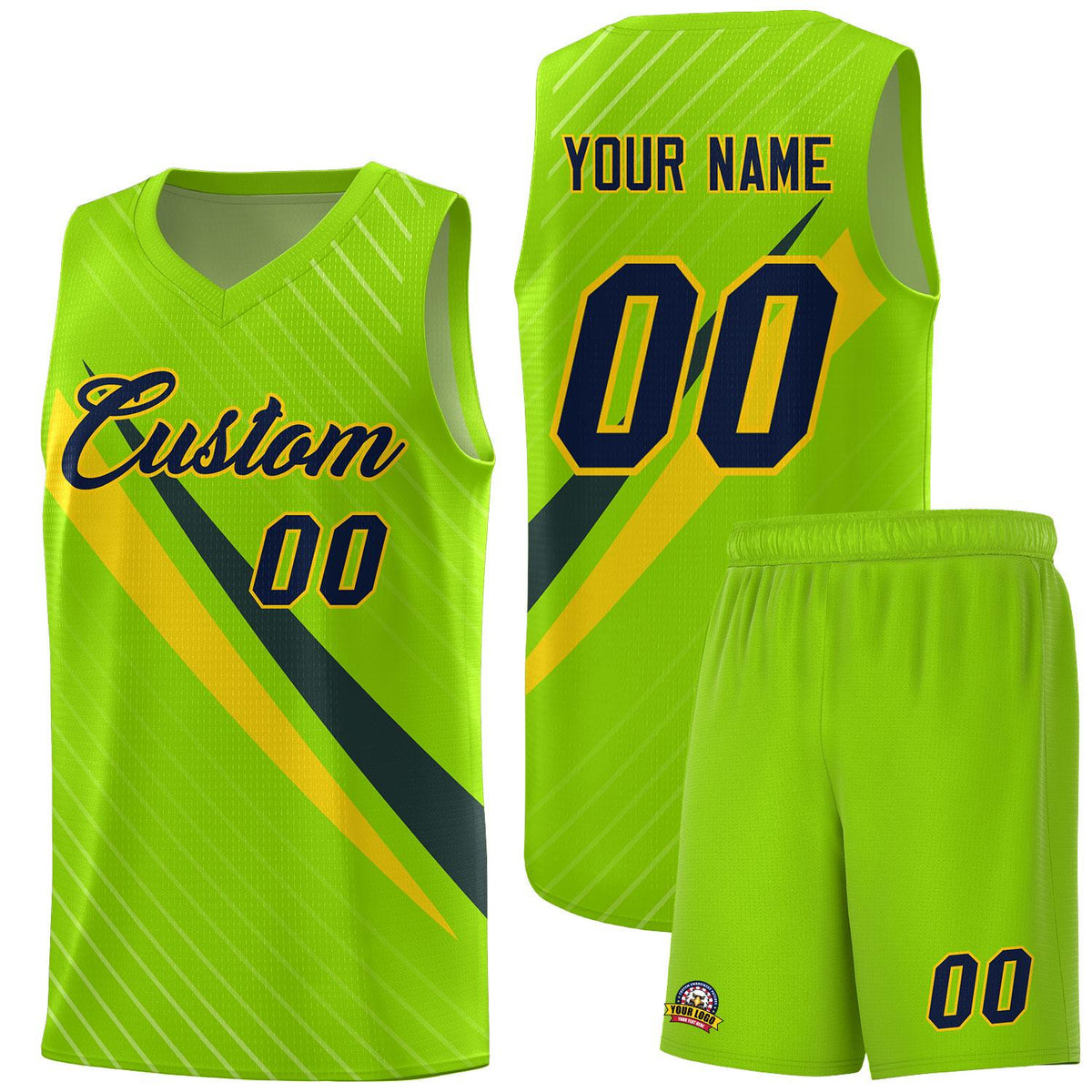 Custom Neon Green Diagonal Pinstripe Pattern Color Block Sports Uniform Basketball Jersey|KXKSHOP