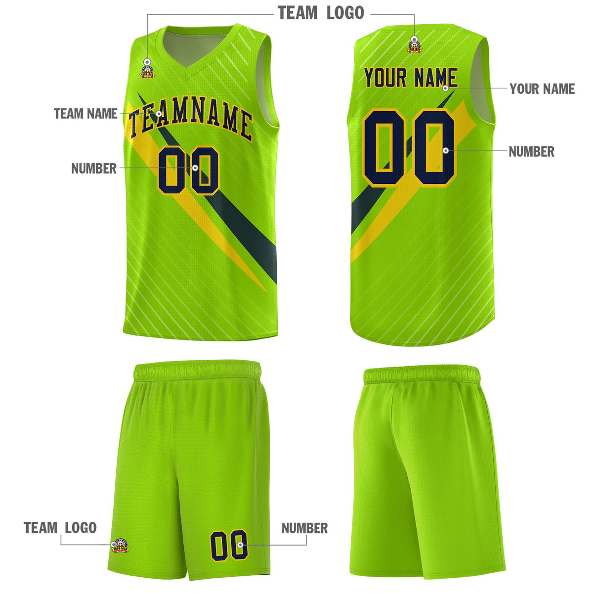 Custom Neon Green Diagonal Pinstripe Pattern Color Block Sports Uniform Basketball Jersey|KXKSHOP