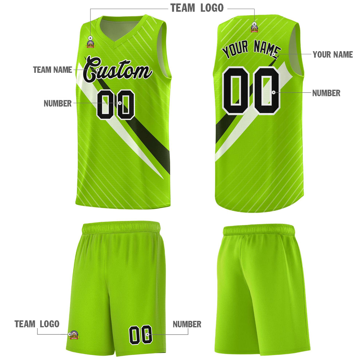 Custom Neon Green Diagonal Pinstripe Pattern Color Block Sports Uniform Basketball Jersey|KXKSHOP