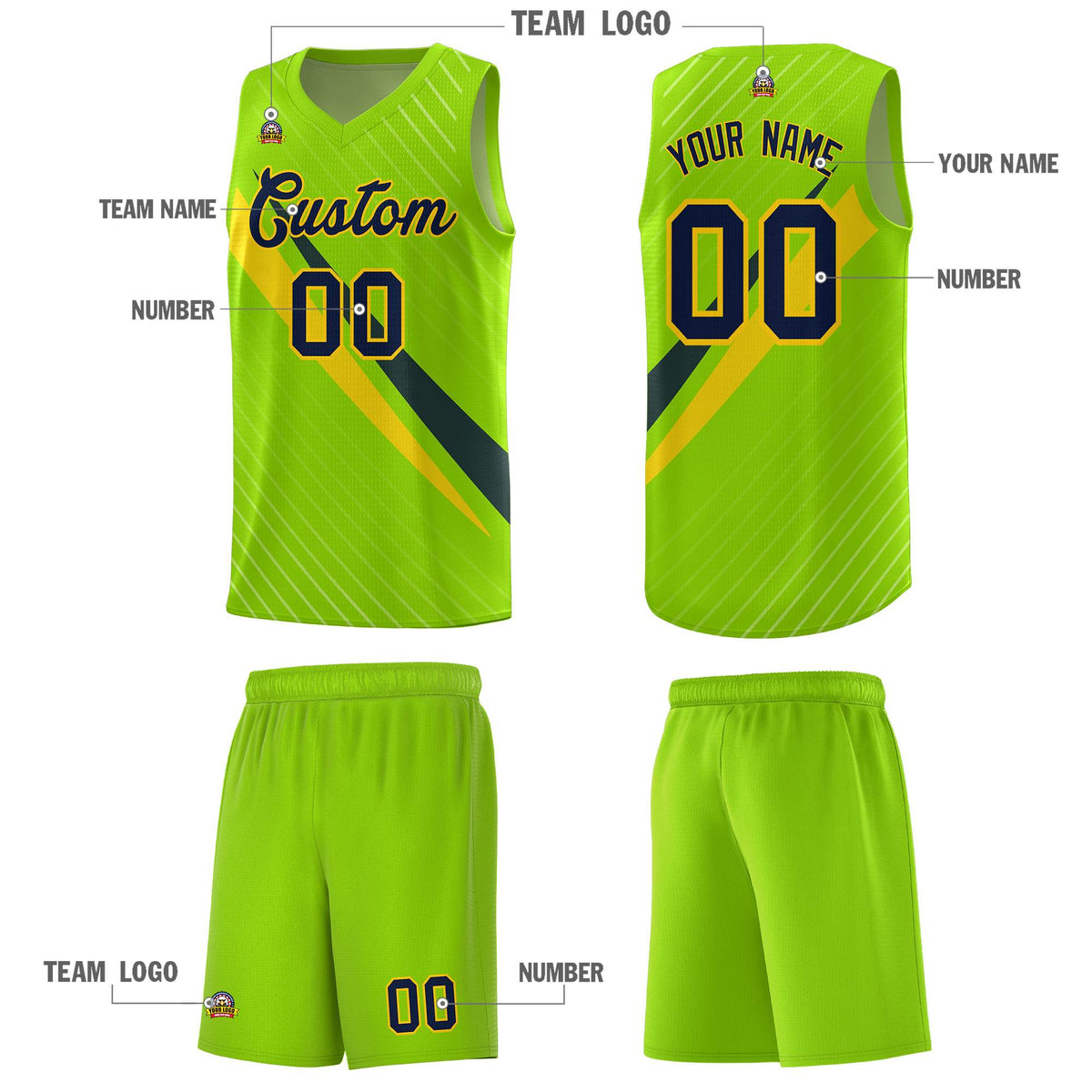 Custom Neon Green Diagonal Pinstripe Pattern Color Block Sports Uniform Basketball Jersey|KXKSHOP