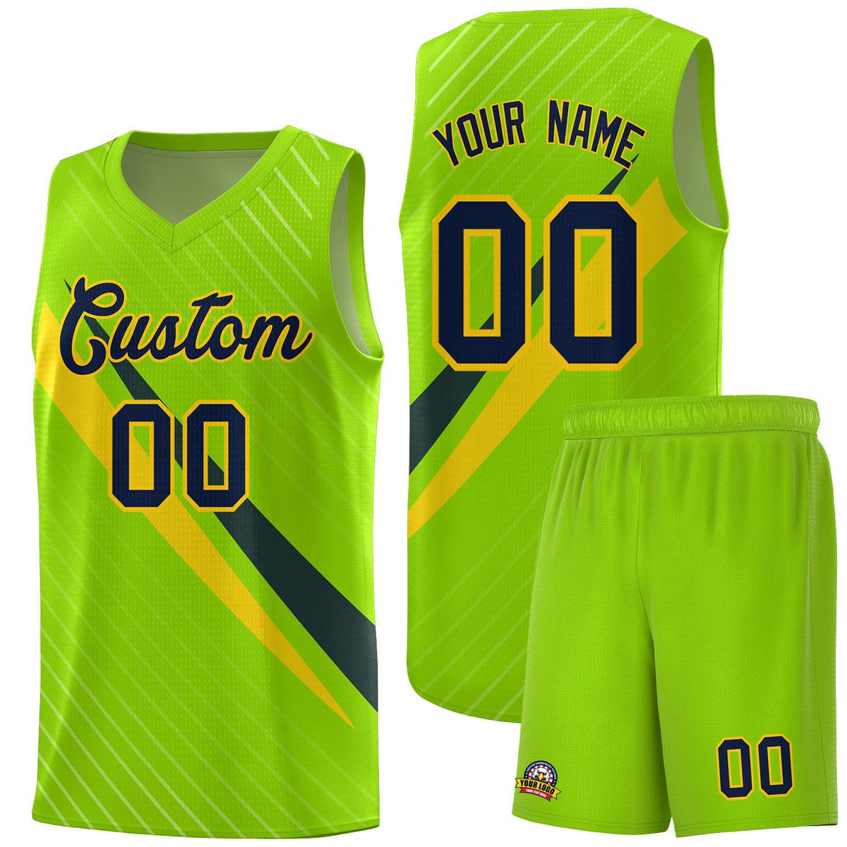 Custom Neon Green Diagonal Pinstripe Pattern Color Block Sports Uniform Basketball Jersey|KXKSHOP