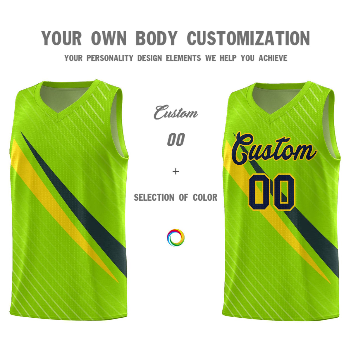 Custom Neon Green Diagonal Pinstripe Pattern Color Block Sports Uniform Basketball Jersey|KXKSHOP