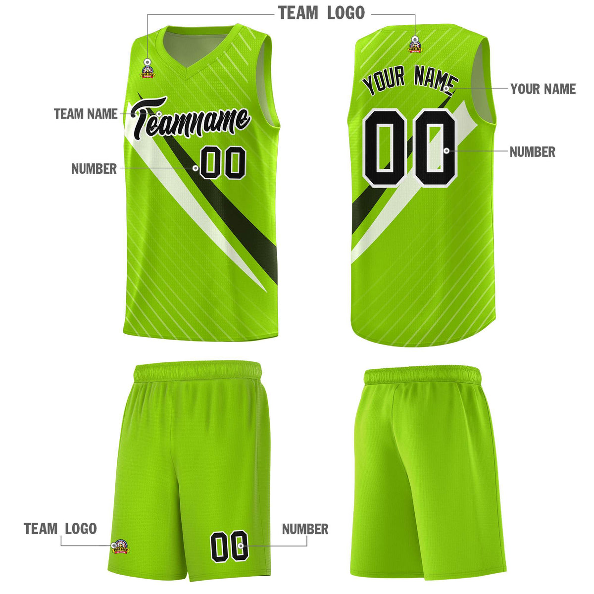Custom Neon Green Diagonal Pinstripe Pattern Color Block Sports Uniform Basketball Jersey|KXKSHOP