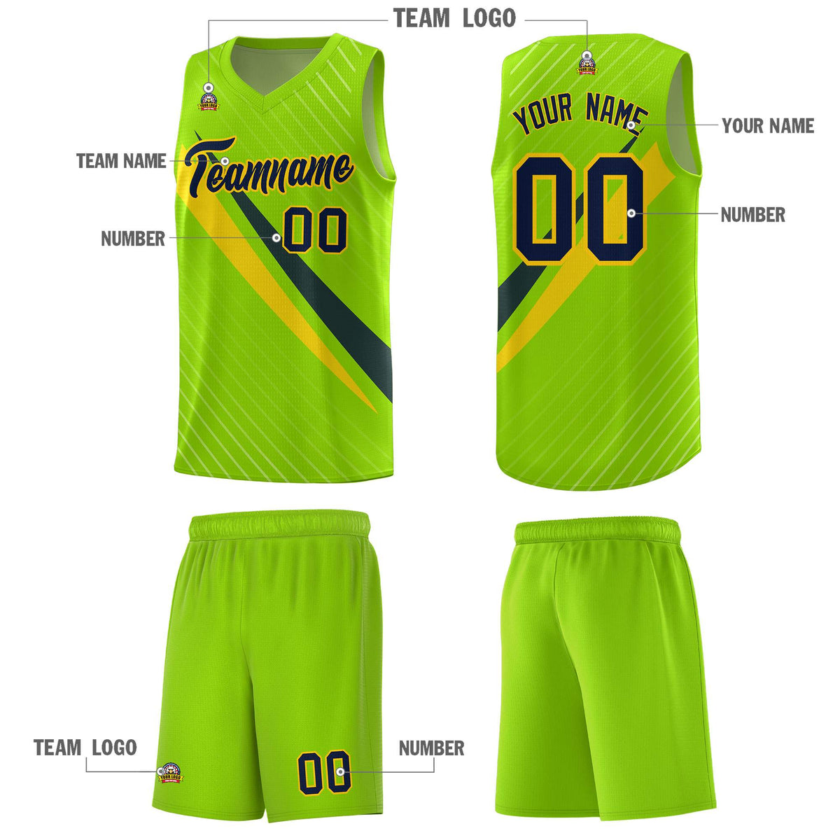 Custom Neon Green Diagonal Pinstripe Pattern Color Block Sports Uniform Basketball Jersey|KXKSHOP
