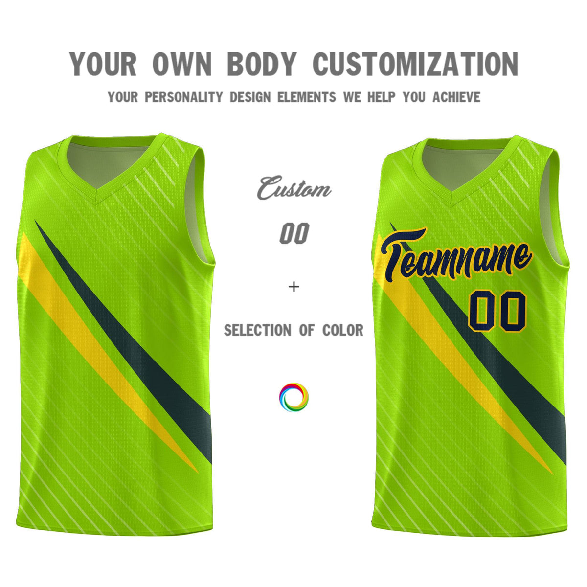 Custom Neon Green Diagonal Pinstripe Pattern Color Block Sports Uniform Basketball Jersey|KXKSHOP