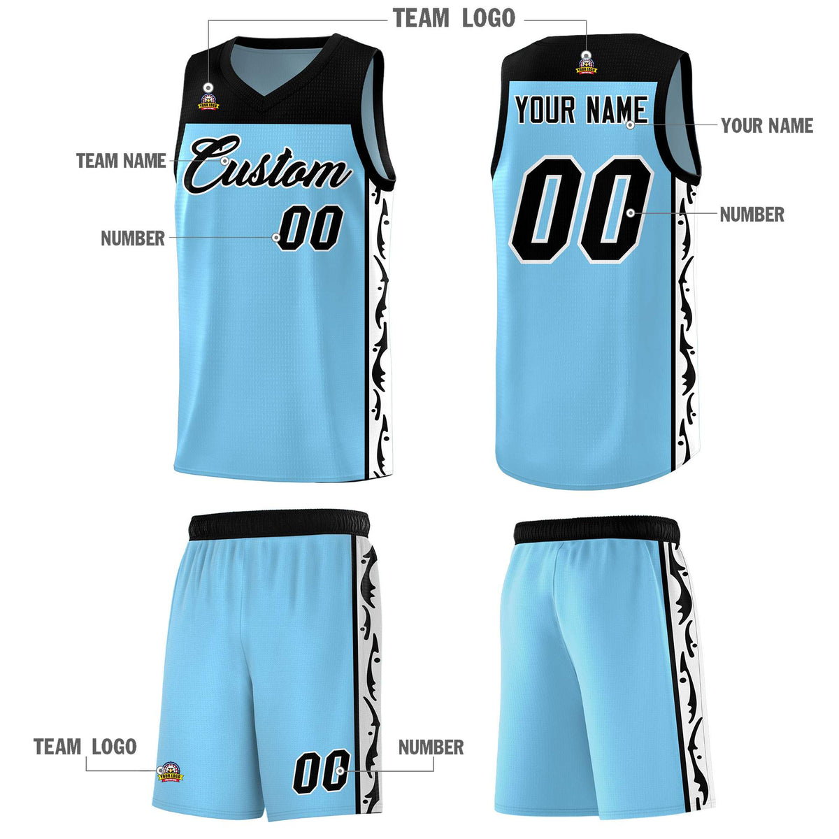 Custom Light Blue Side Pattern Sports Uniform Basketball Jersey|KXKSHOP