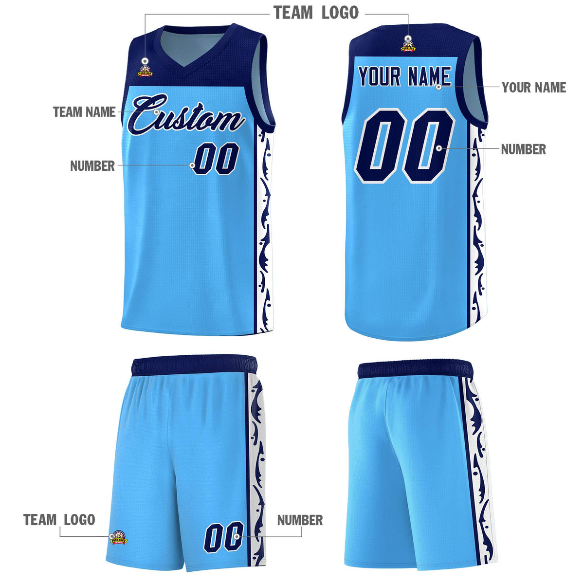 Custom Light Blue Side Pattern Sports Uniform Basketball Jersey|KXKSHOP