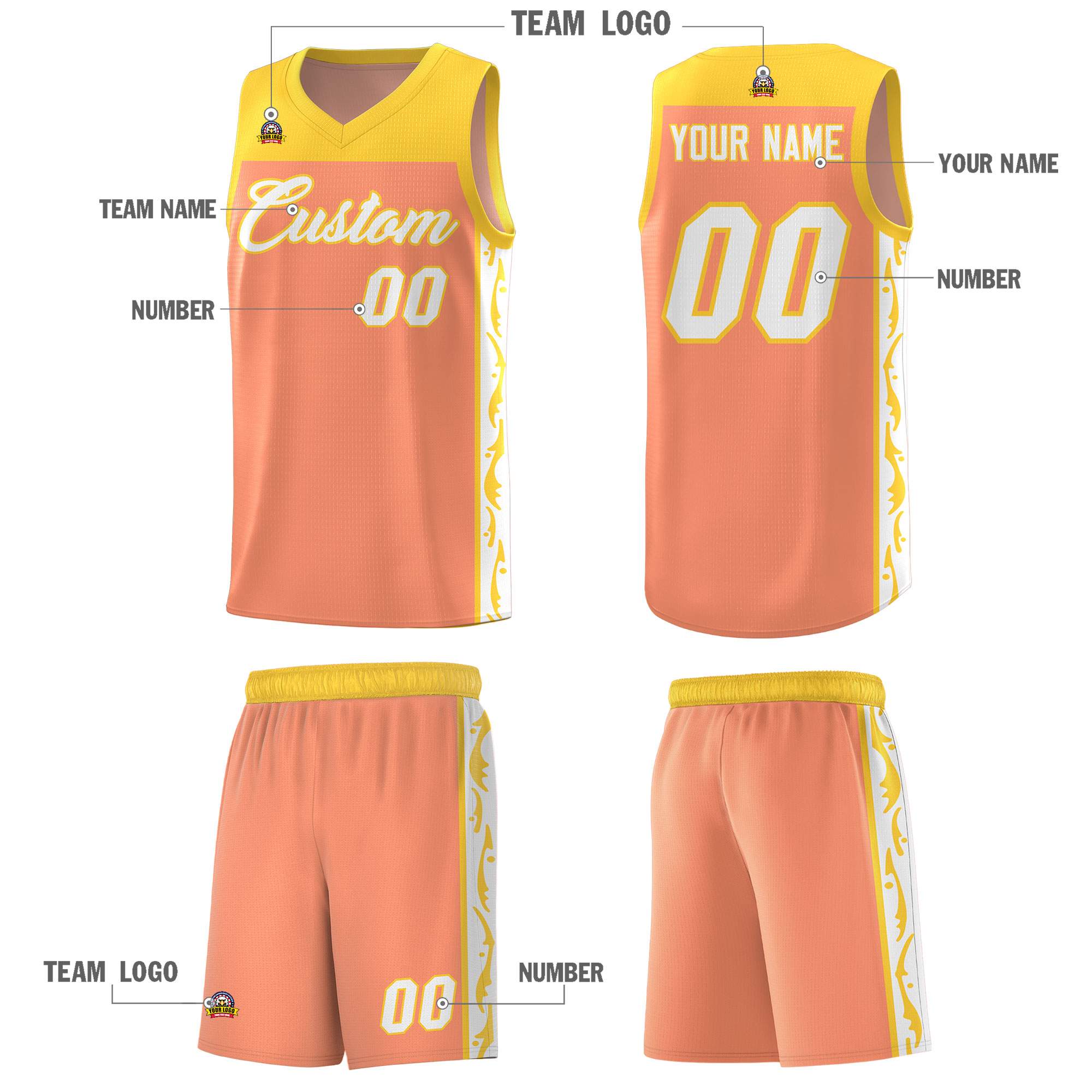 Custom Gold Orange Side Pattern Sports Uniform Basketball Jersey|KXKSHOP