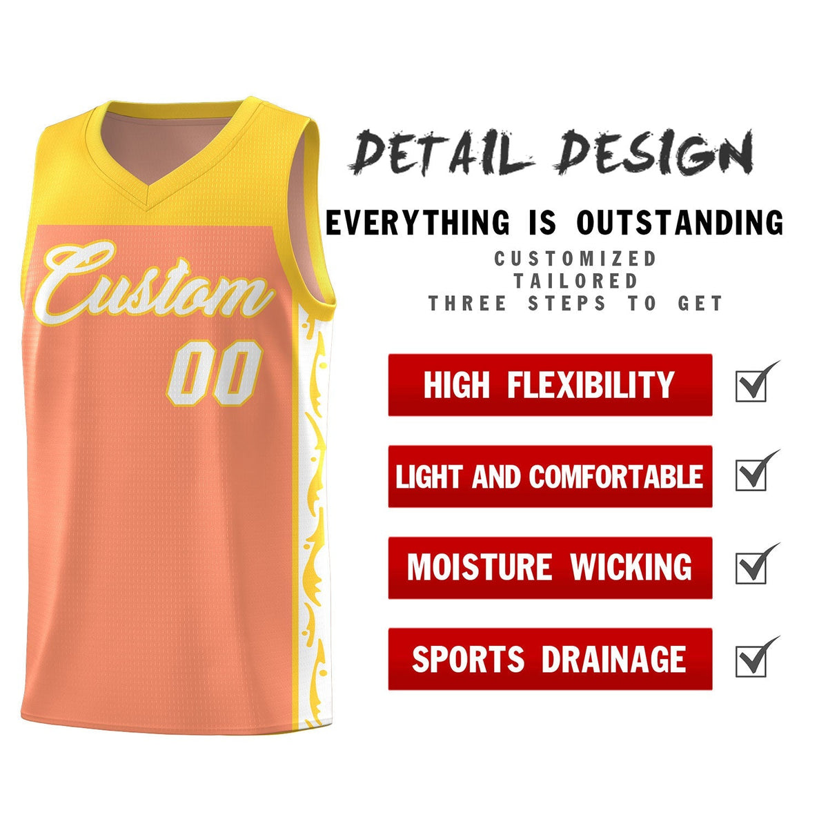 Custom Gold Orange Side Pattern Sports Uniform Basketball Jersey|KXKSHOP