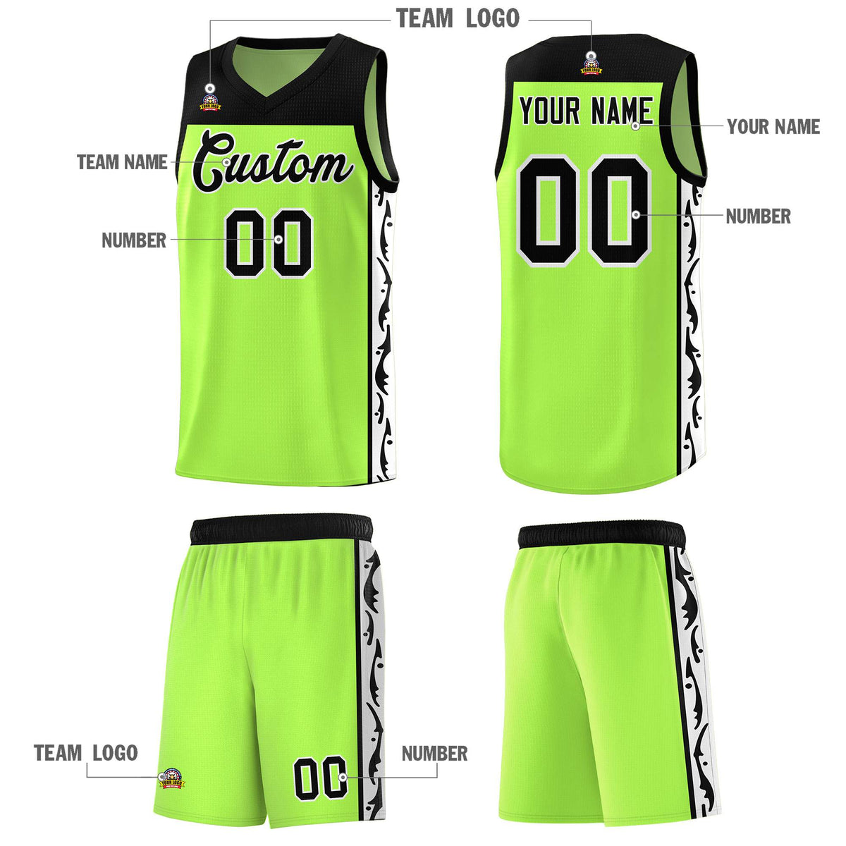 Custom Neon Green Side Pattern Sports Uniform Basketball Jersey|KXKSHOP