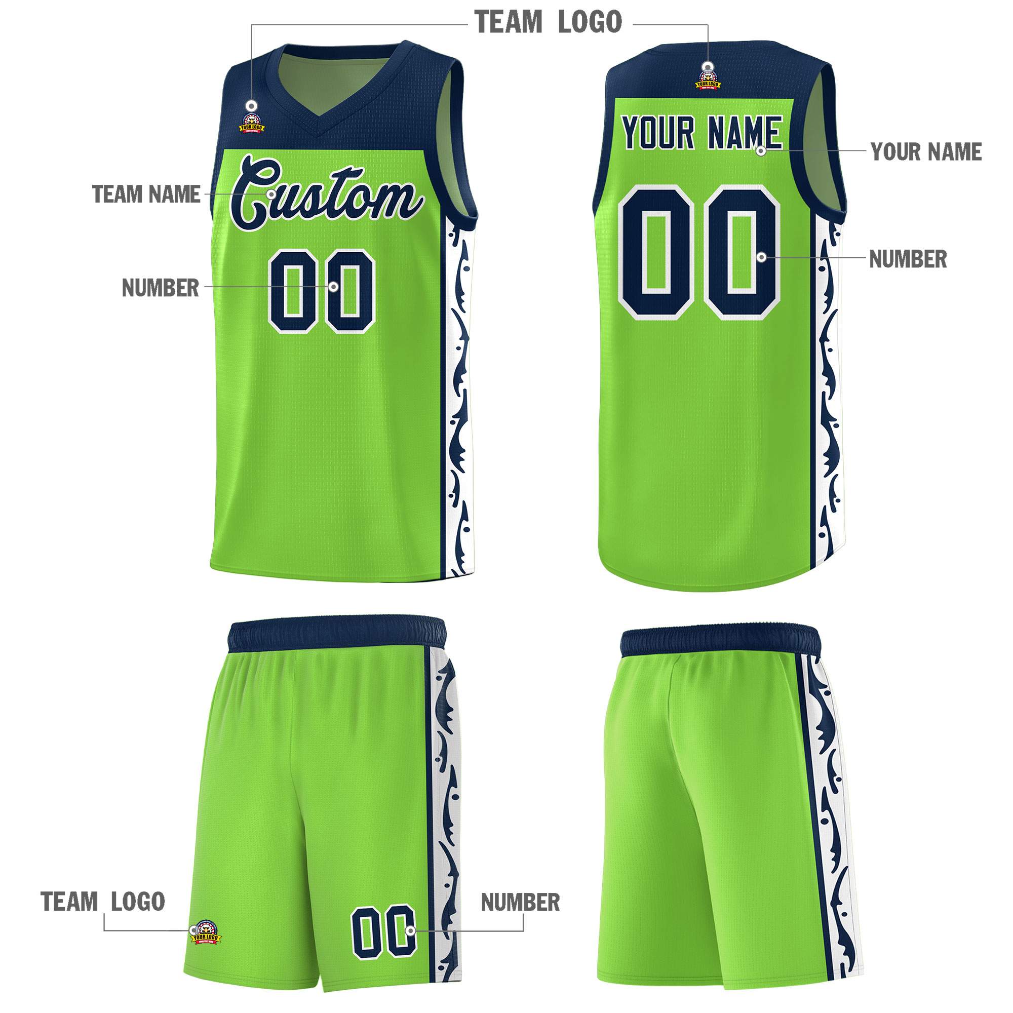 Custom Neon Green Side Pattern Sports Uniform Basketball Jersey|KXKSHOP