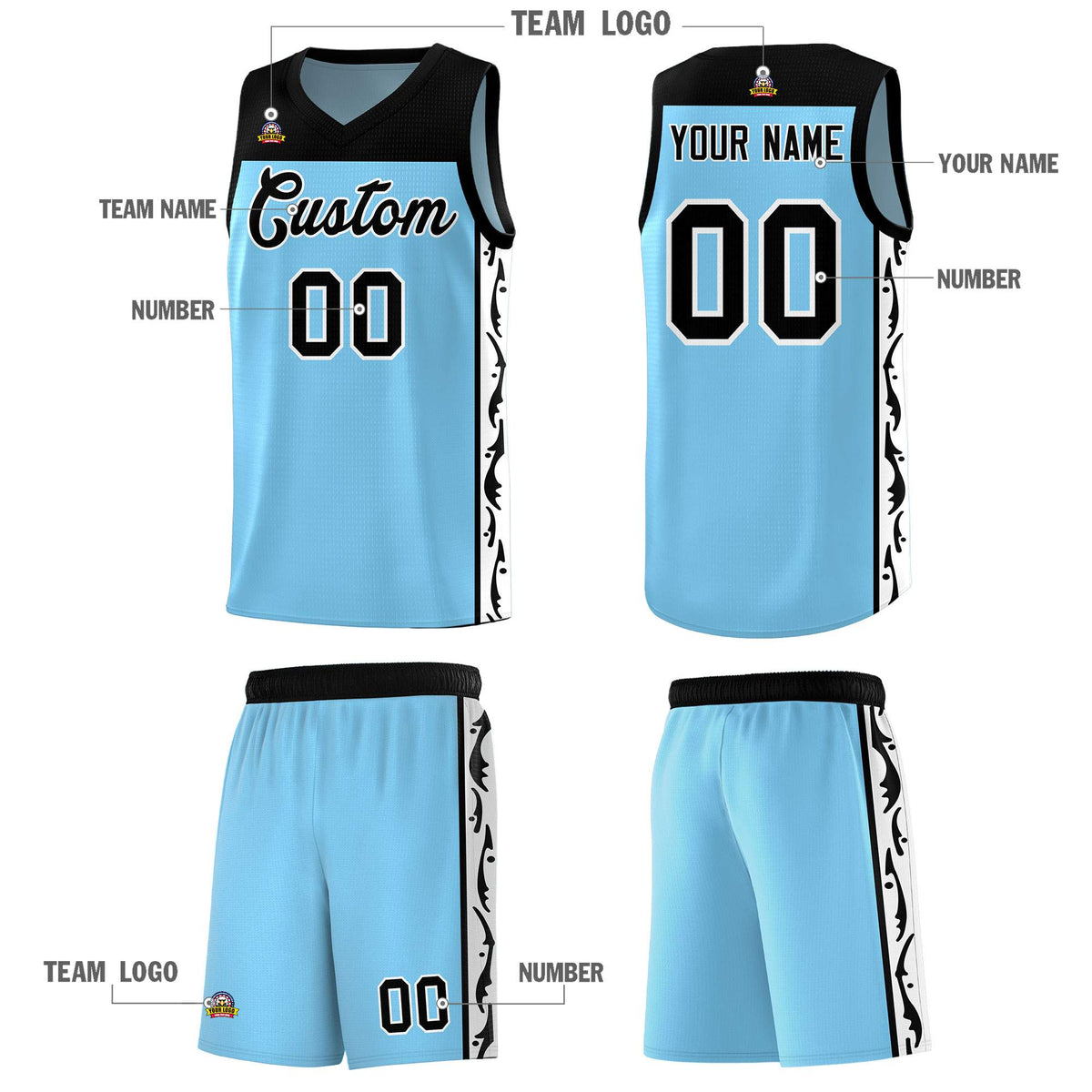 Custom Light Blue Side Pattern Sports Uniform Basketball Jersey|KXKSHOP