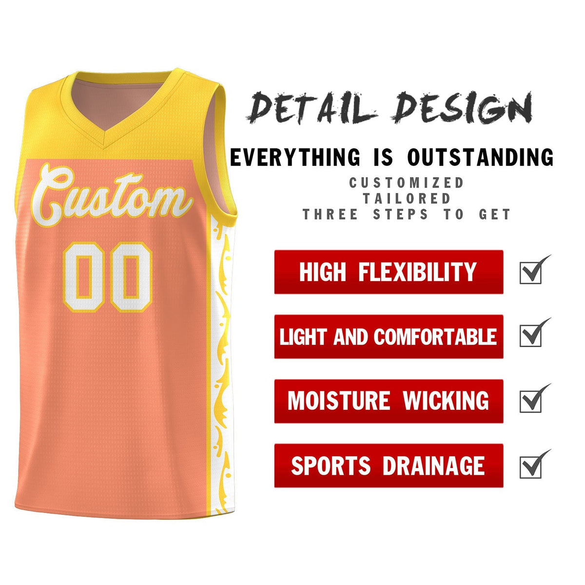 Custom Gold Orange Side Pattern Sports Uniform Basketball Jersey|KXKSHOP