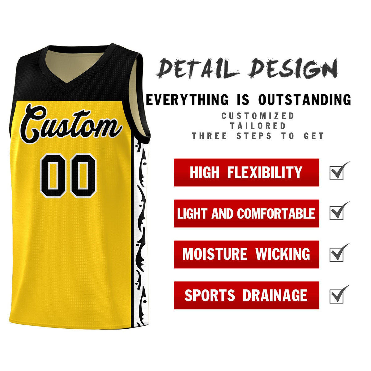 Custom Gold Side Pattern Sports Uniform Basketball Jersey|KXKSHOP