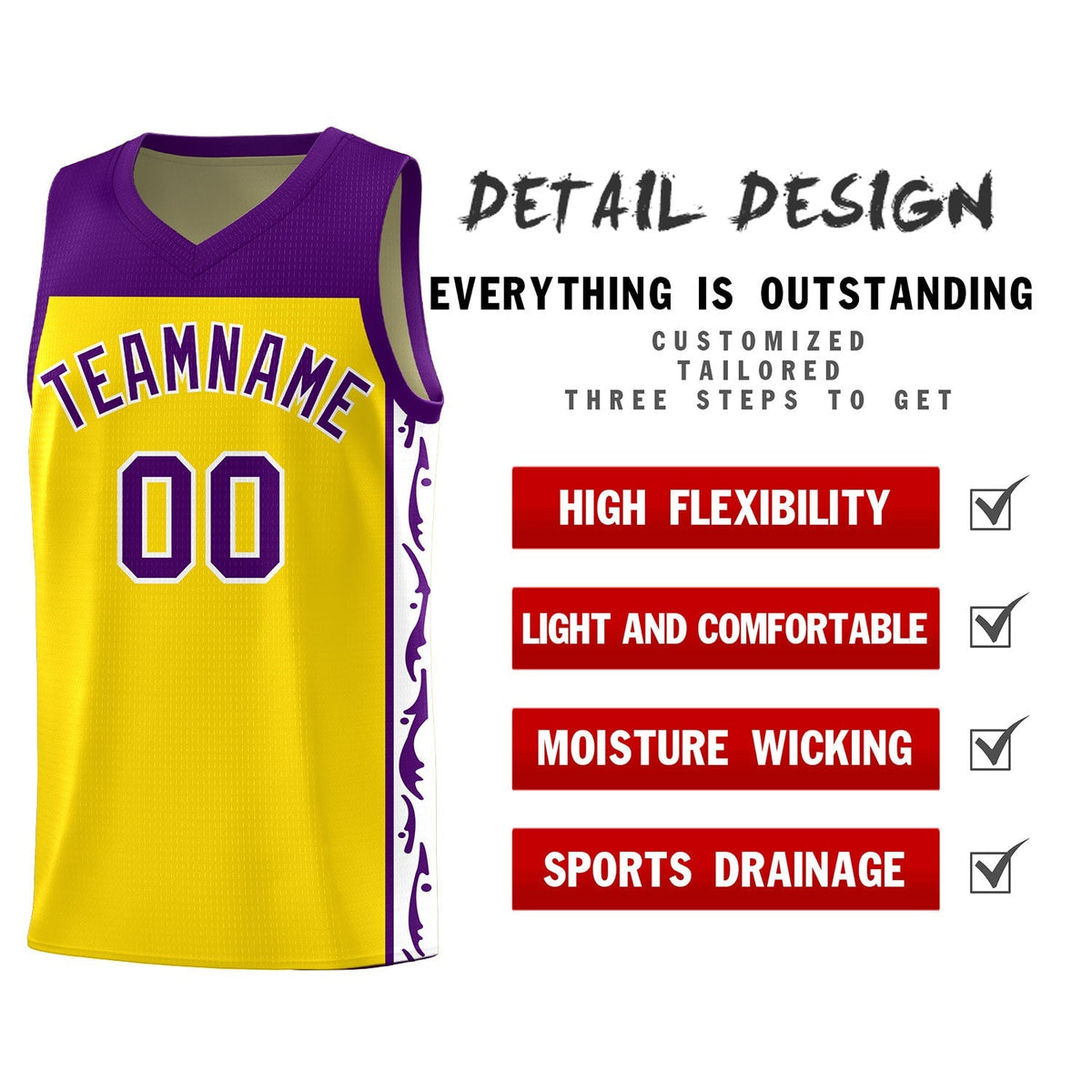 Custom Gold Side Pattern Sports Uniform Basketball Jersey|KXKSHOP