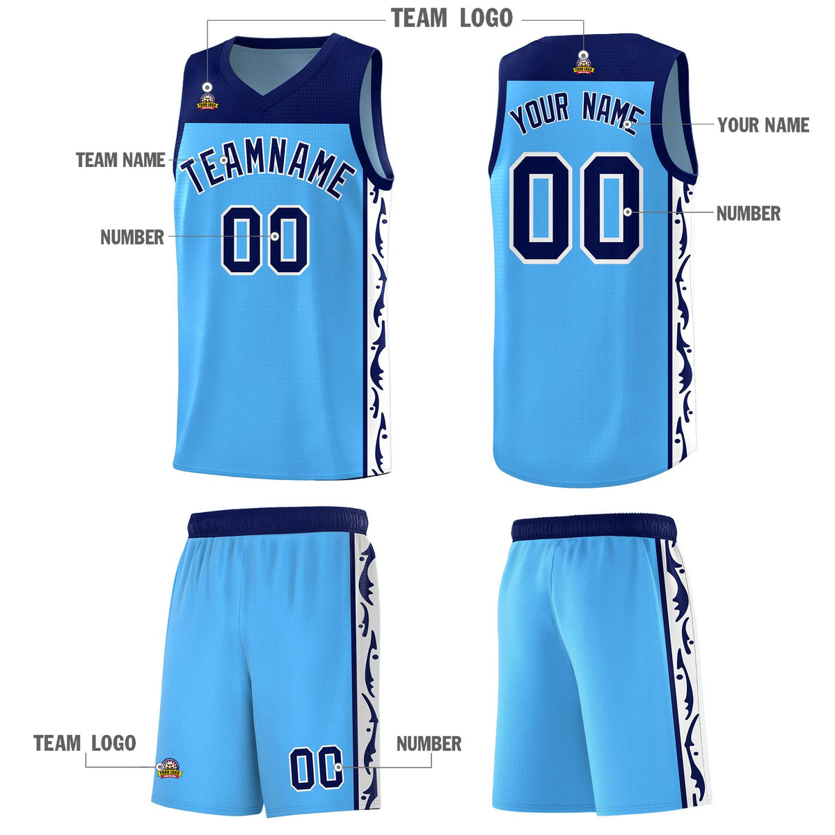 Custom Light Blue Side Pattern Sports Uniform Basketball Jersey|KXKSHOP