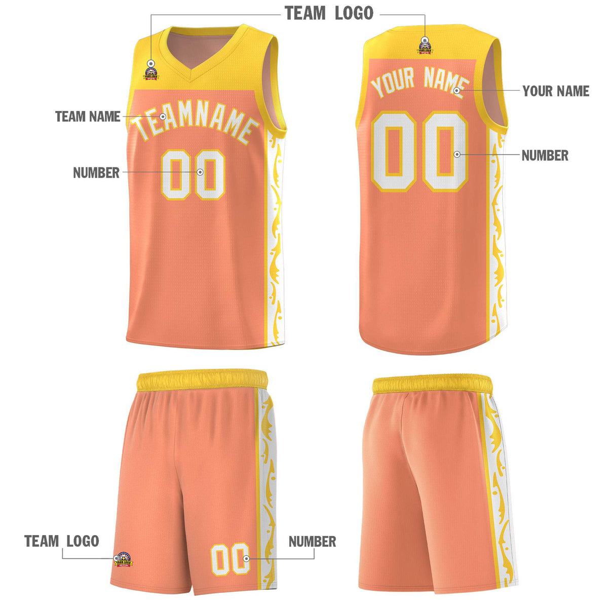 Custom Gold Orange Side Pattern Sports Uniform Basketball Jersey|KXKSHOP