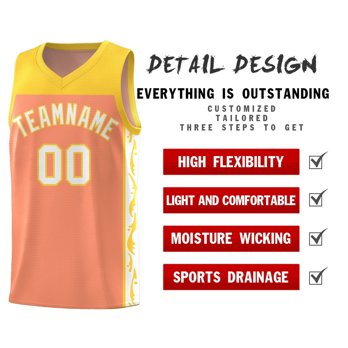 Custom Gold Orange Side Pattern Sports Uniform Basketball Jersey|KXKSHOP