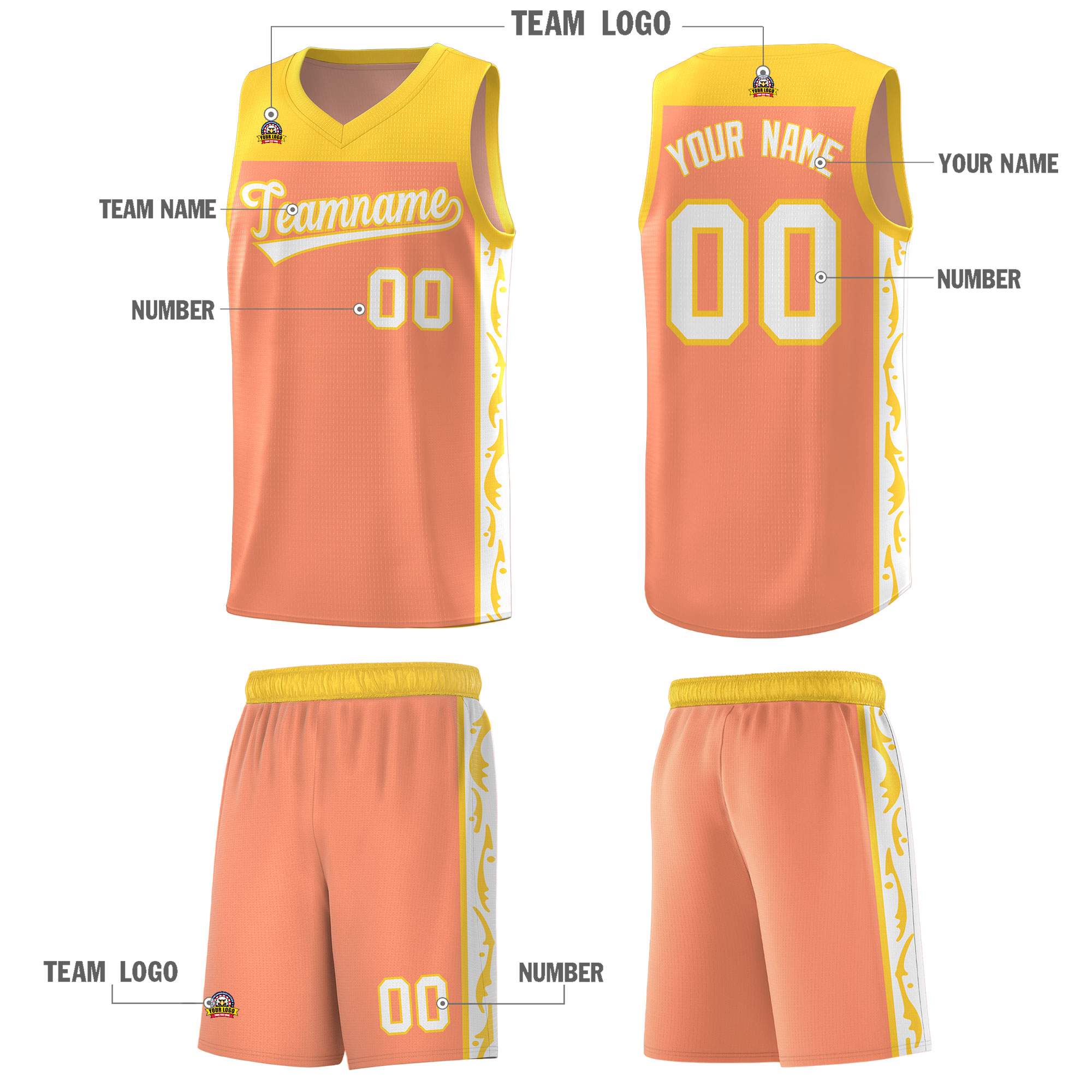 Custom Gold Orange Side Pattern Sports Uniform Basketball Jersey|KXKSHOP