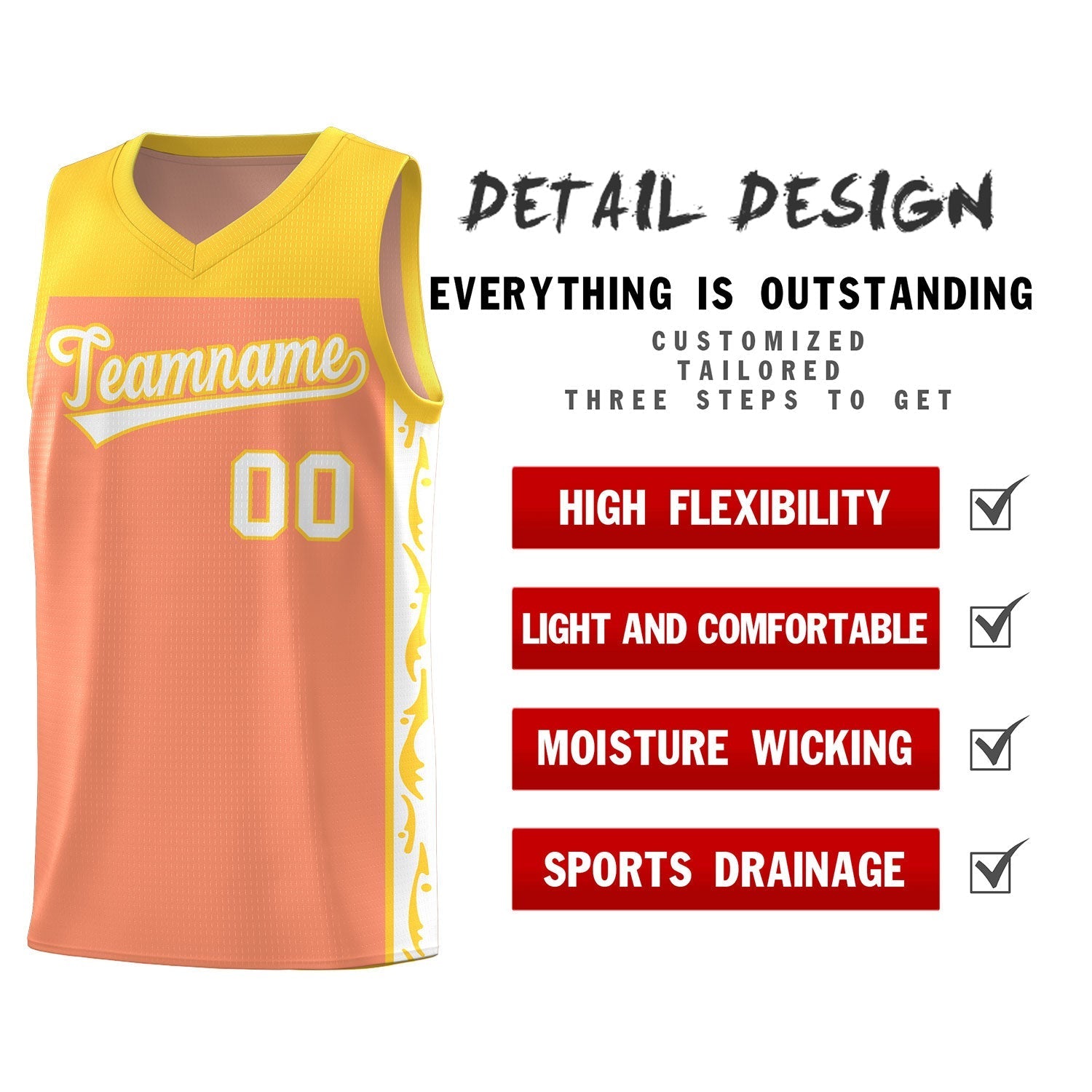 Custom Gold Orange Side Pattern Sports Uniform Basketball Jersey|KXKSHOP
