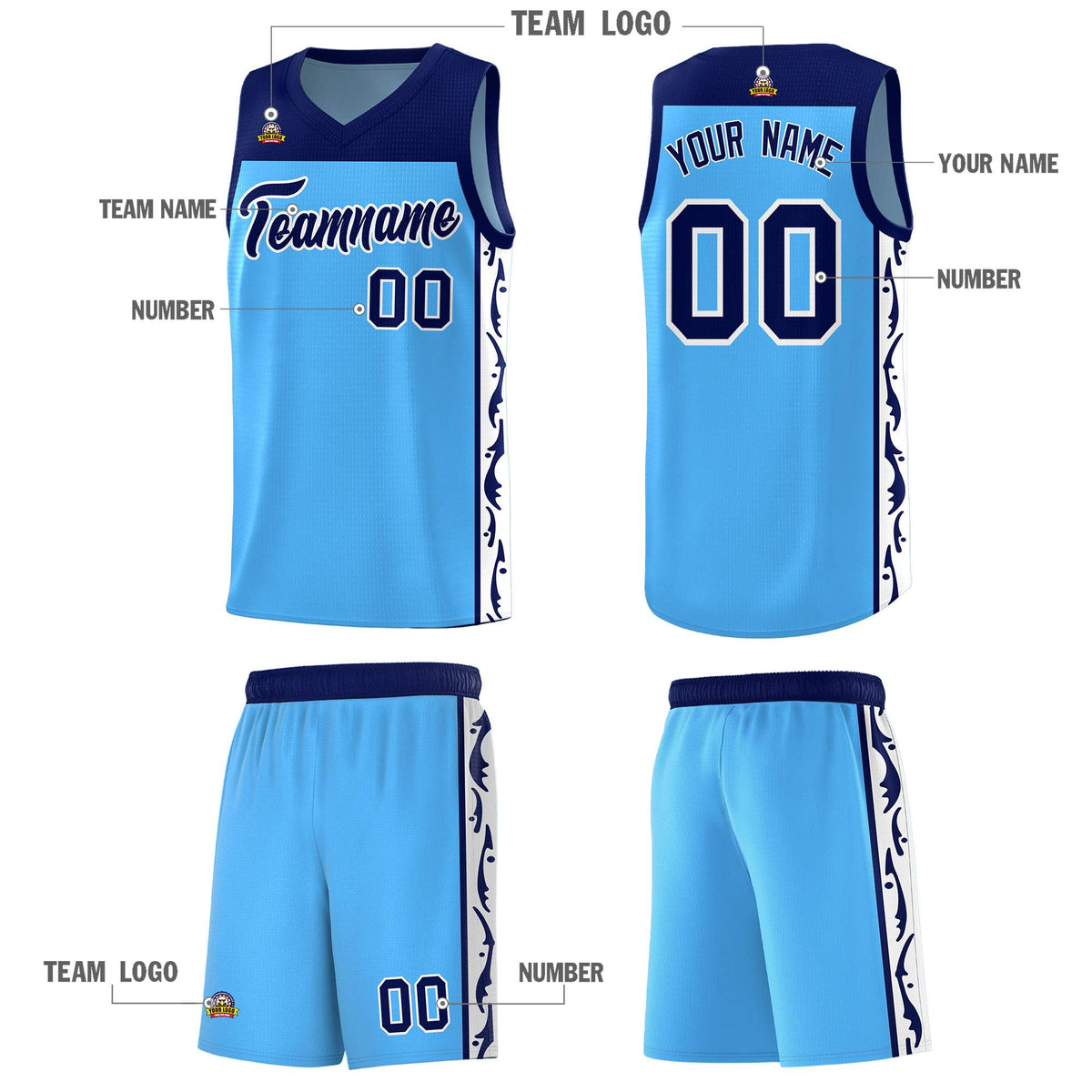 Custom Light Blue Side Pattern Sports Uniform Basketball Jersey|KXKSHOP