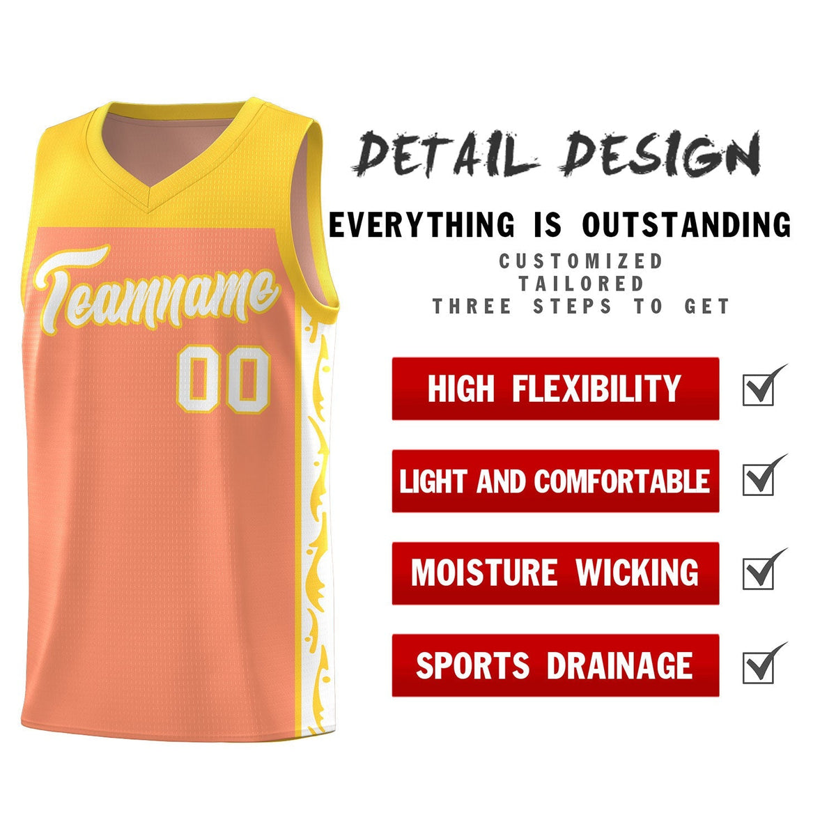 Custom Gold Orange Side Pattern Sports Uniform Basketball Jersey|KXKSHOP