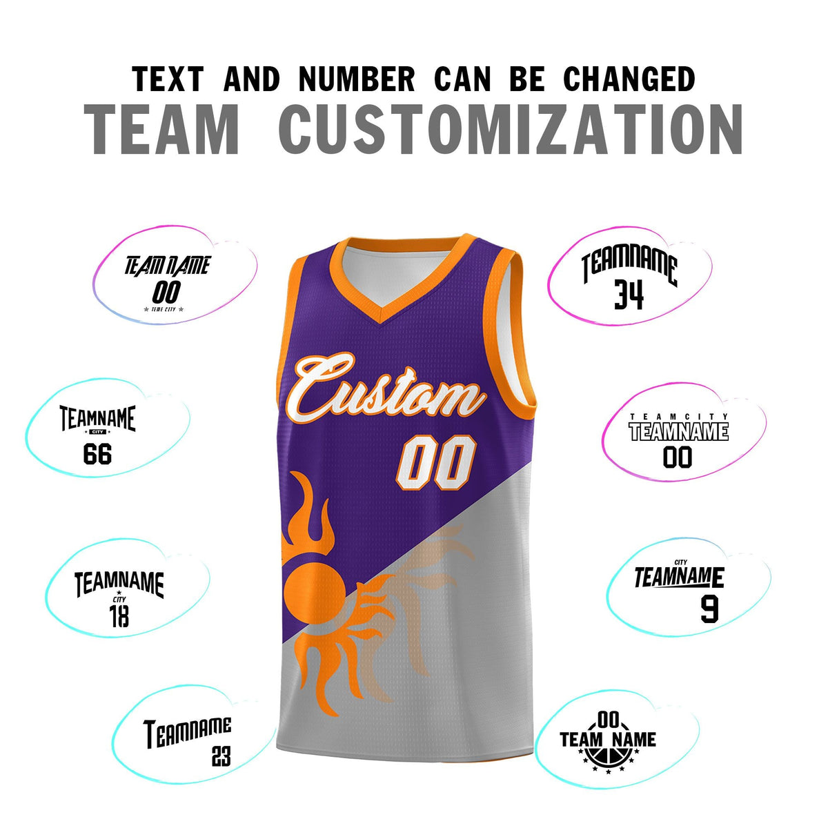 Custom Youth Basketball Jerseys - Purple Gray Sunburst Design Two Tone Uniforms