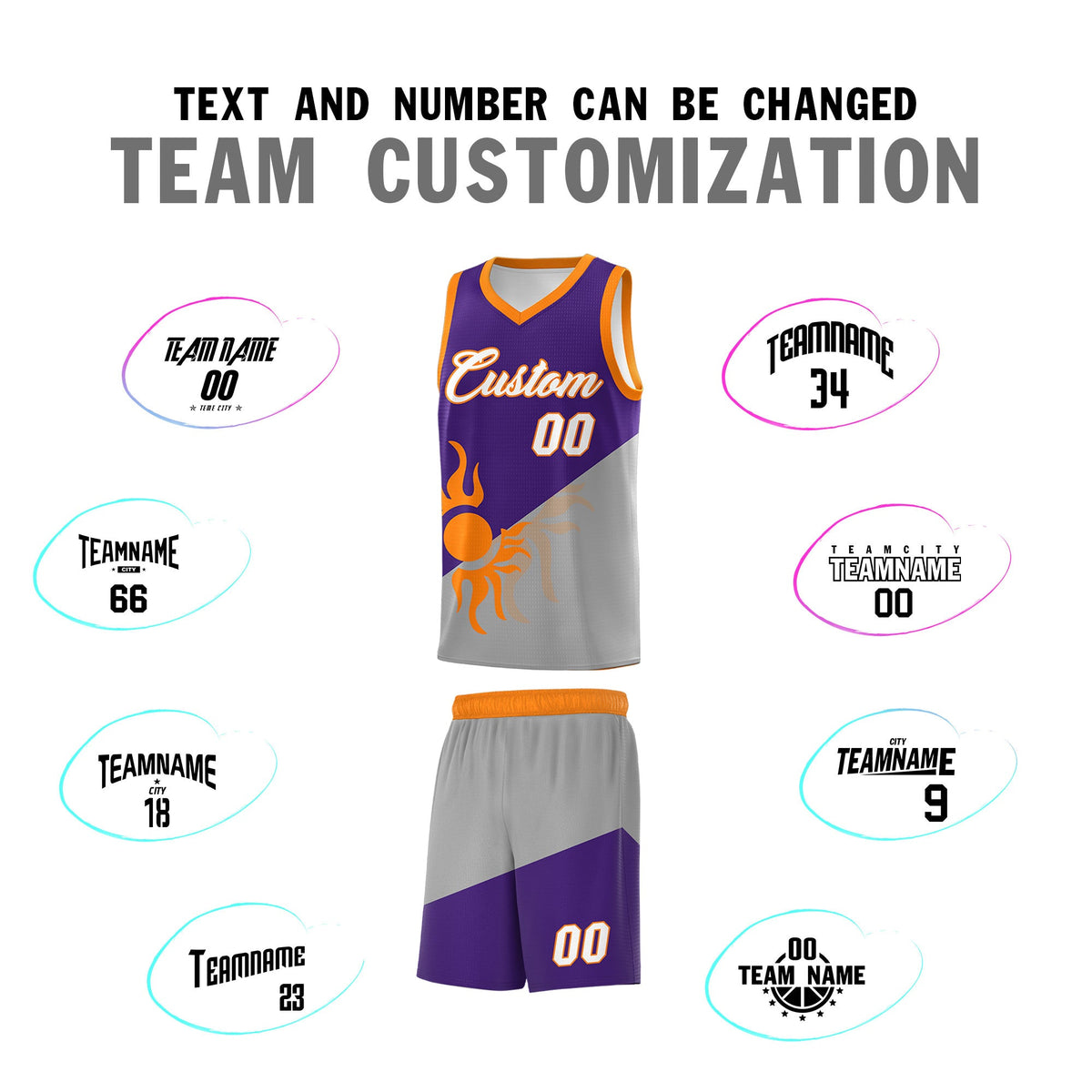 Custom Youth Basketball Jerseys - Purple Gray Sunburst Design Two Tone Uniforms