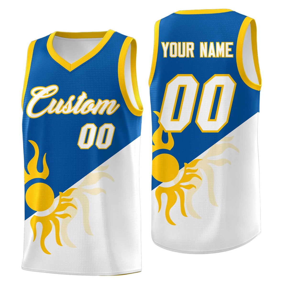 Custom Youth Basketball Jerseys - Royal White Radiant Sun Design Two Tone Uniforms