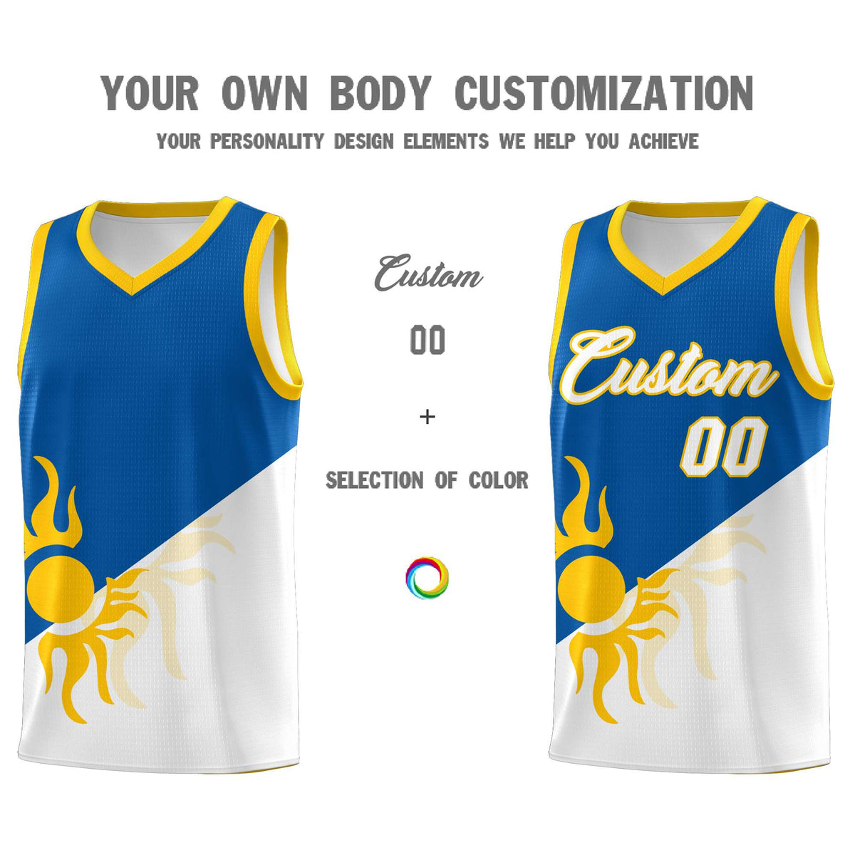 Custom Youth Basketball Jerseys - Royal White Radiant Sun Design Two Tone Uniforms