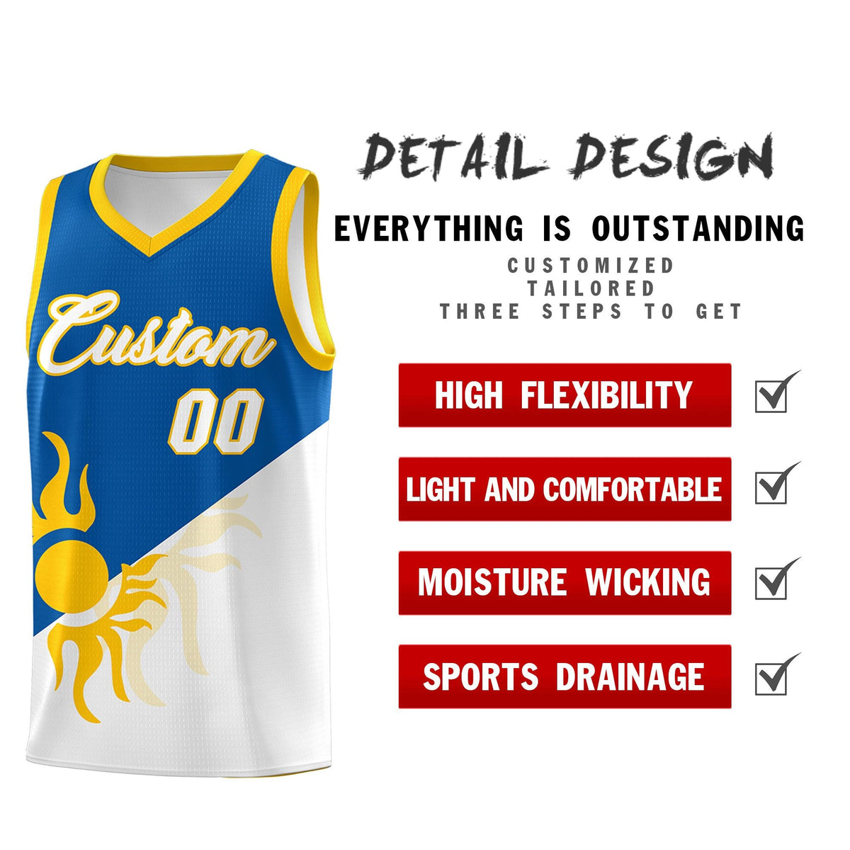 Custom Youth Basketball Jerseys - Royal White Radiant Sun Design Two Tone Uniforms