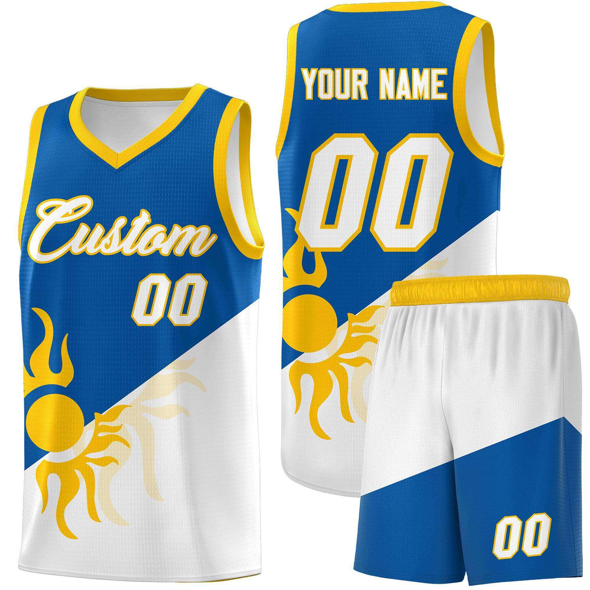 Custom Youth Basketball Jerseys - Royal White Radiant Sun Design Two Tone Uniforms