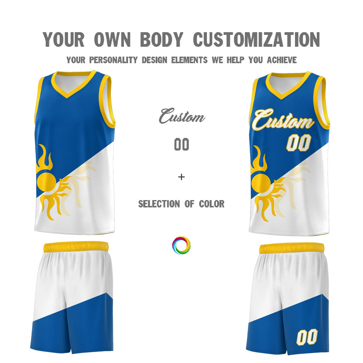 Custom Youth Basketball Jerseys - Royal White Radiant Sun Design Two Tone Uniforms