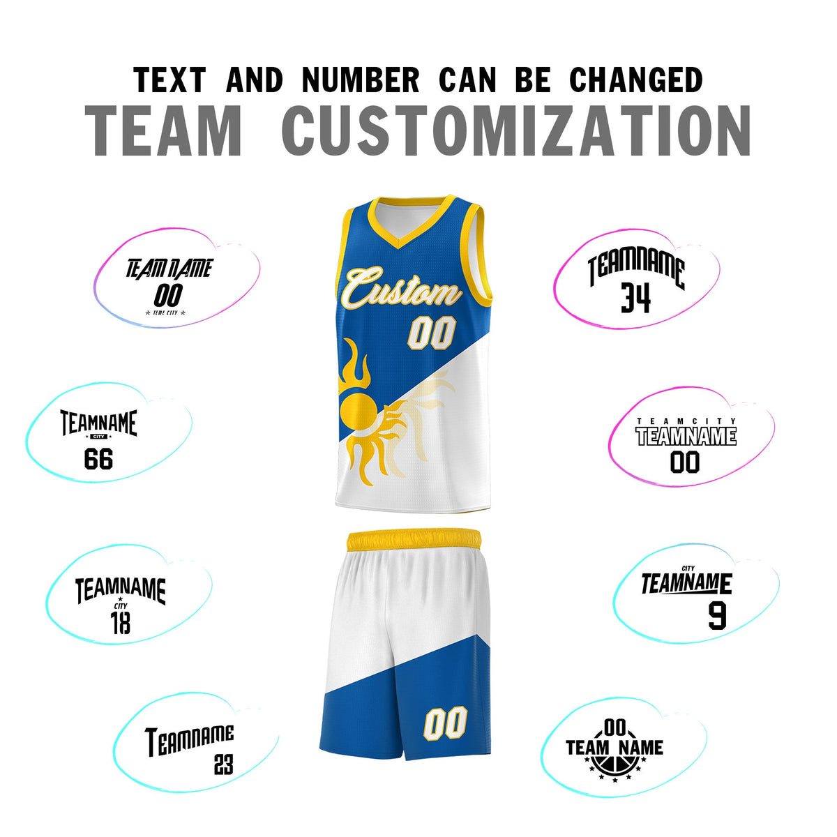 Custom Youth Basketball Jerseys - Royal White Radiant Sun Design Two Tone Uniforms