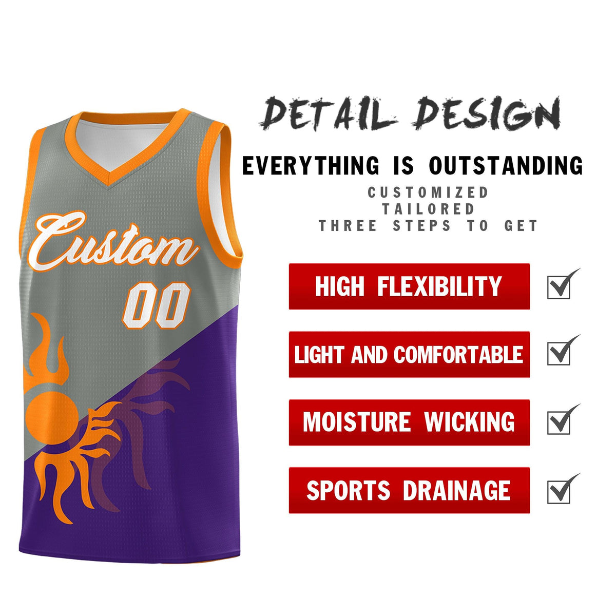 Custom Youth Basketball Jerseys - Gray Purple Sunburst Design Two Tone Uniforms