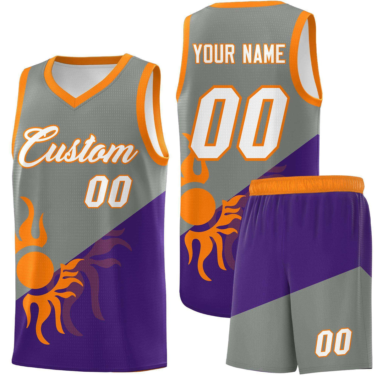 Custom Youth Basketball Jerseys - Gray Purple Sunburst Design Two Tone Uniforms