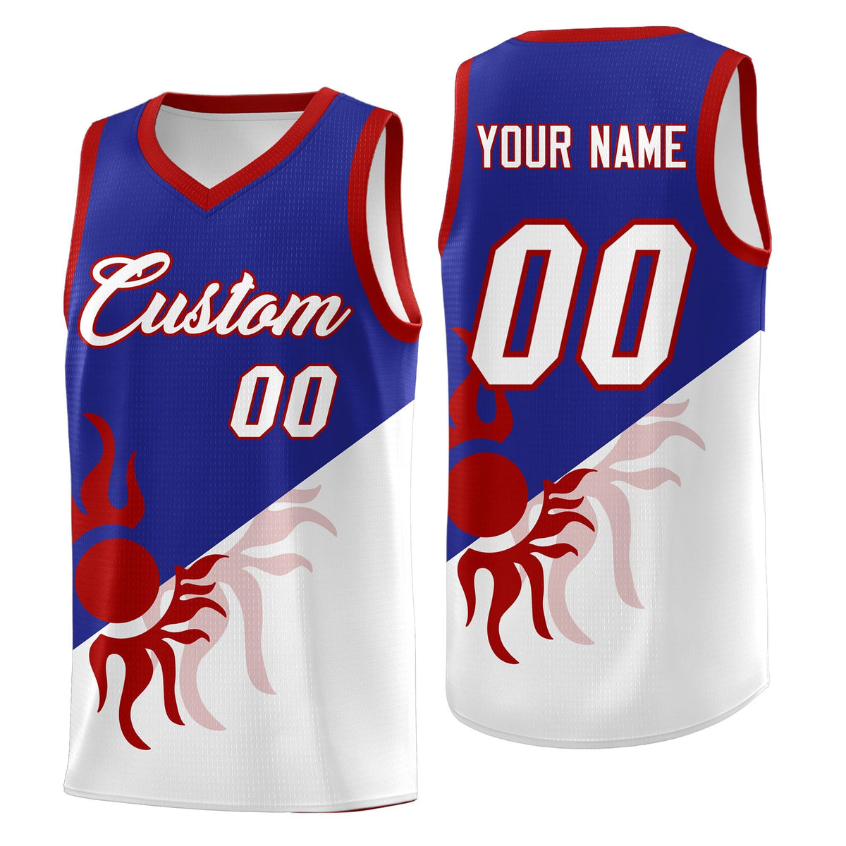 Custom Youth Basketball Jerseys - Royal White Radiant Sun Design Two Tone Uniforms