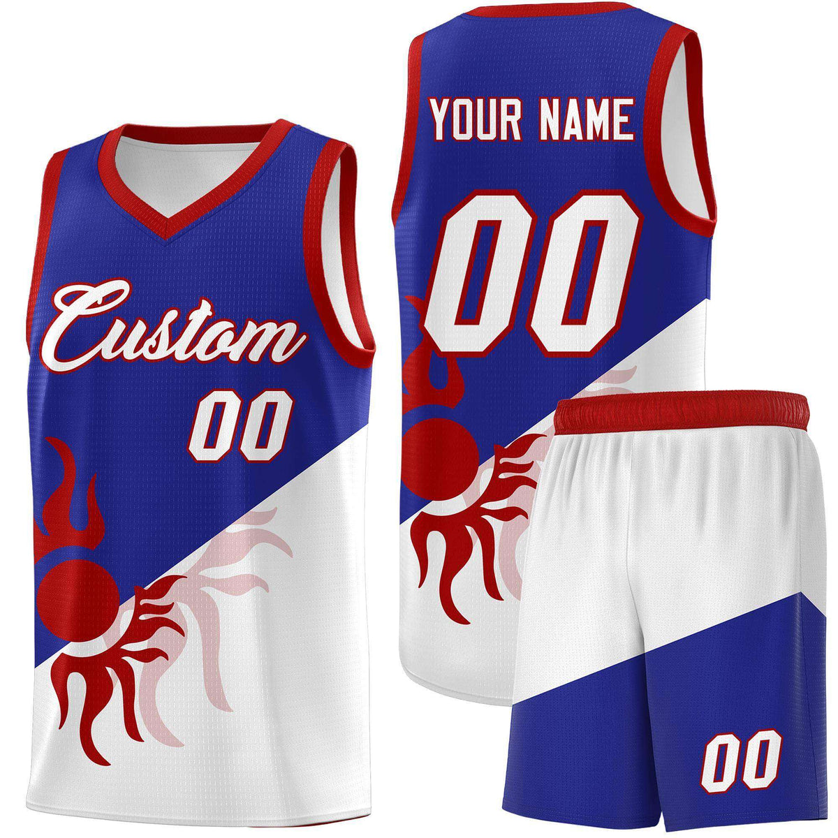 Custom Youth Basketball Jerseys - Royal White Radiant Sun Design Two Tone Uniforms