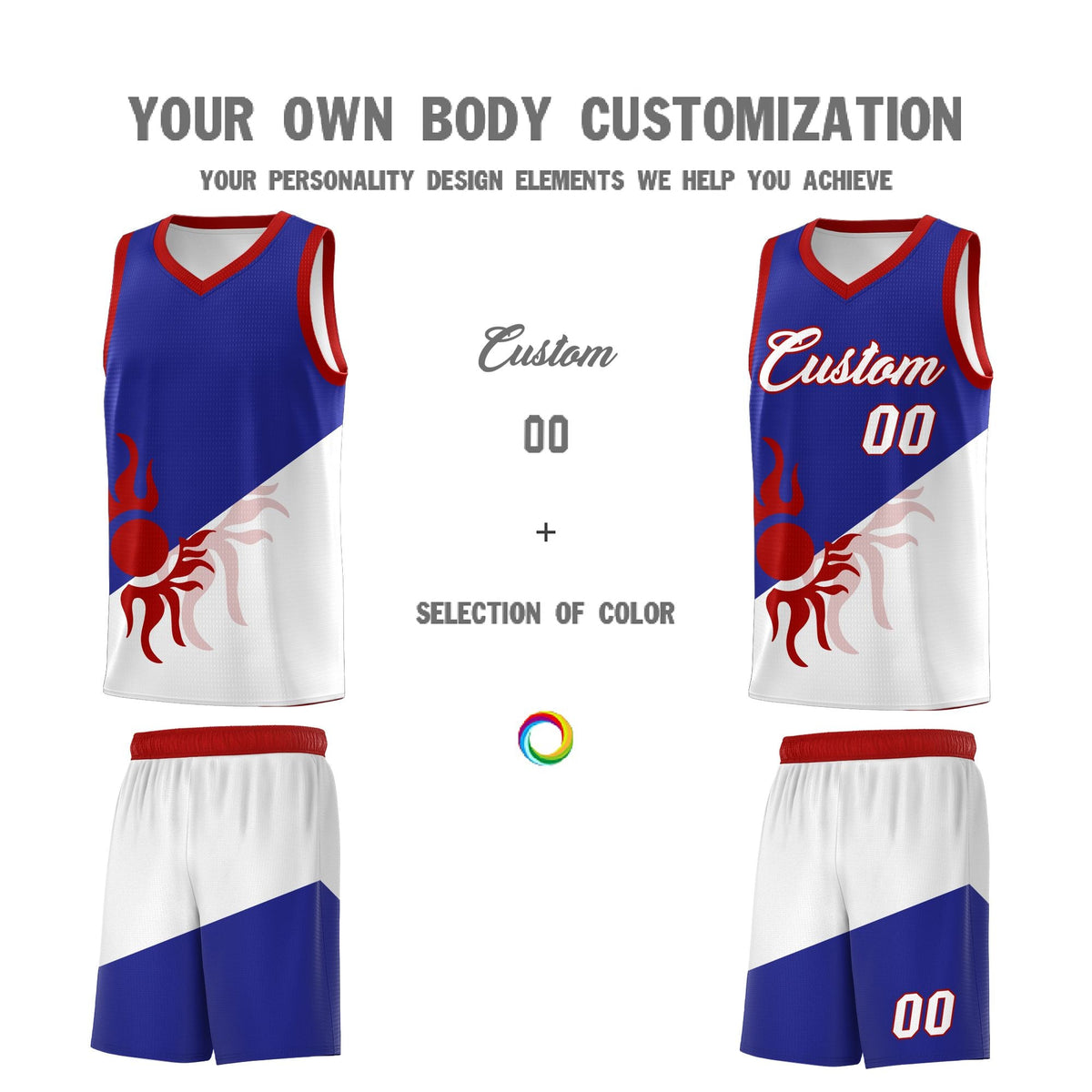 Custom Youth Basketball Jerseys - Royal White Radiant Sun Design Two Tone Uniforms