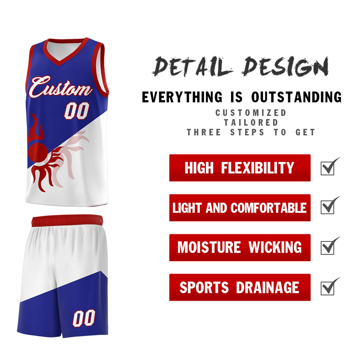 Custom Youth Basketball Jerseys - Royal White Radiant Sun Design Two Tone Uniforms