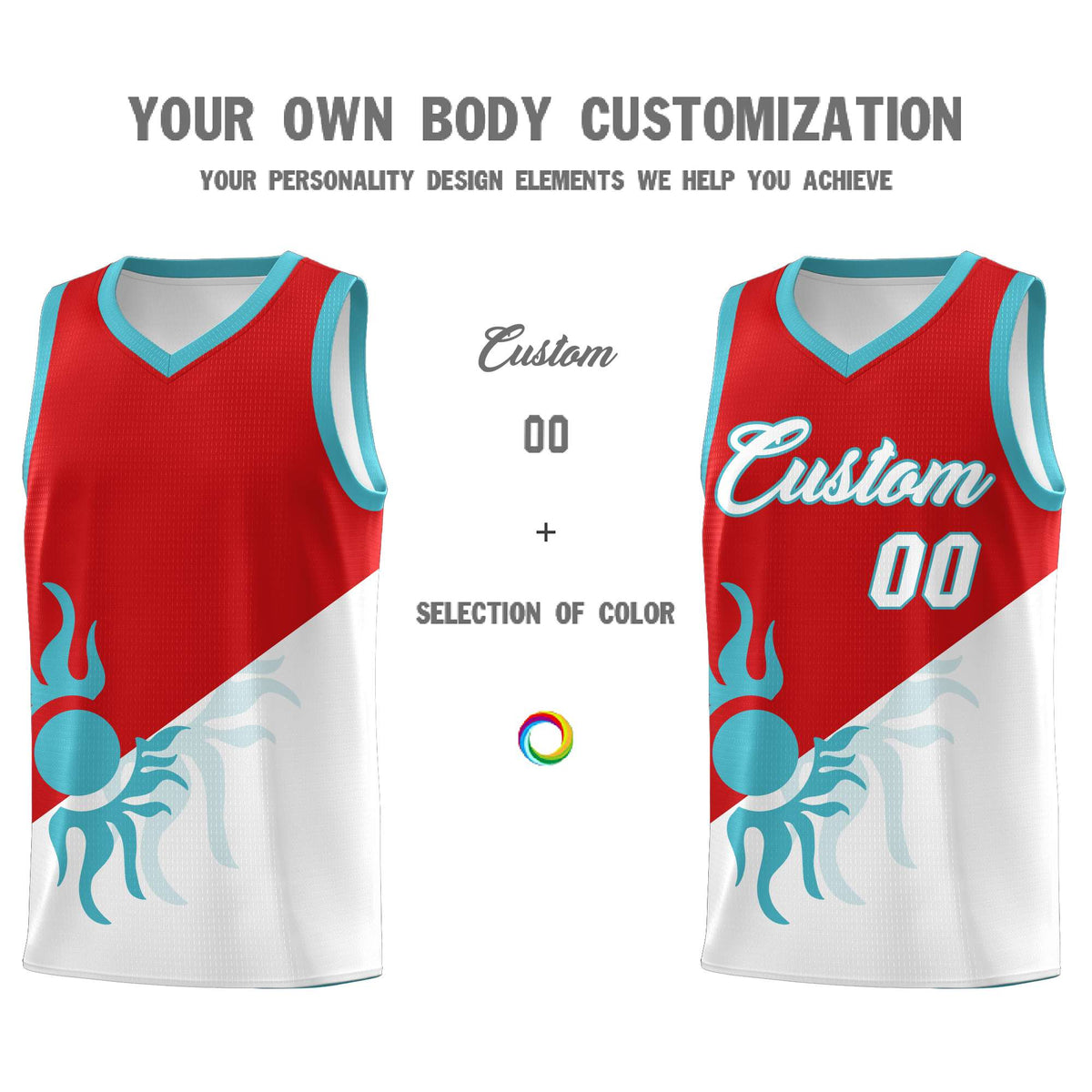 Custom Youth Basketball Jerseys - Red White Radiant Sun Design Two Tone Uniforms