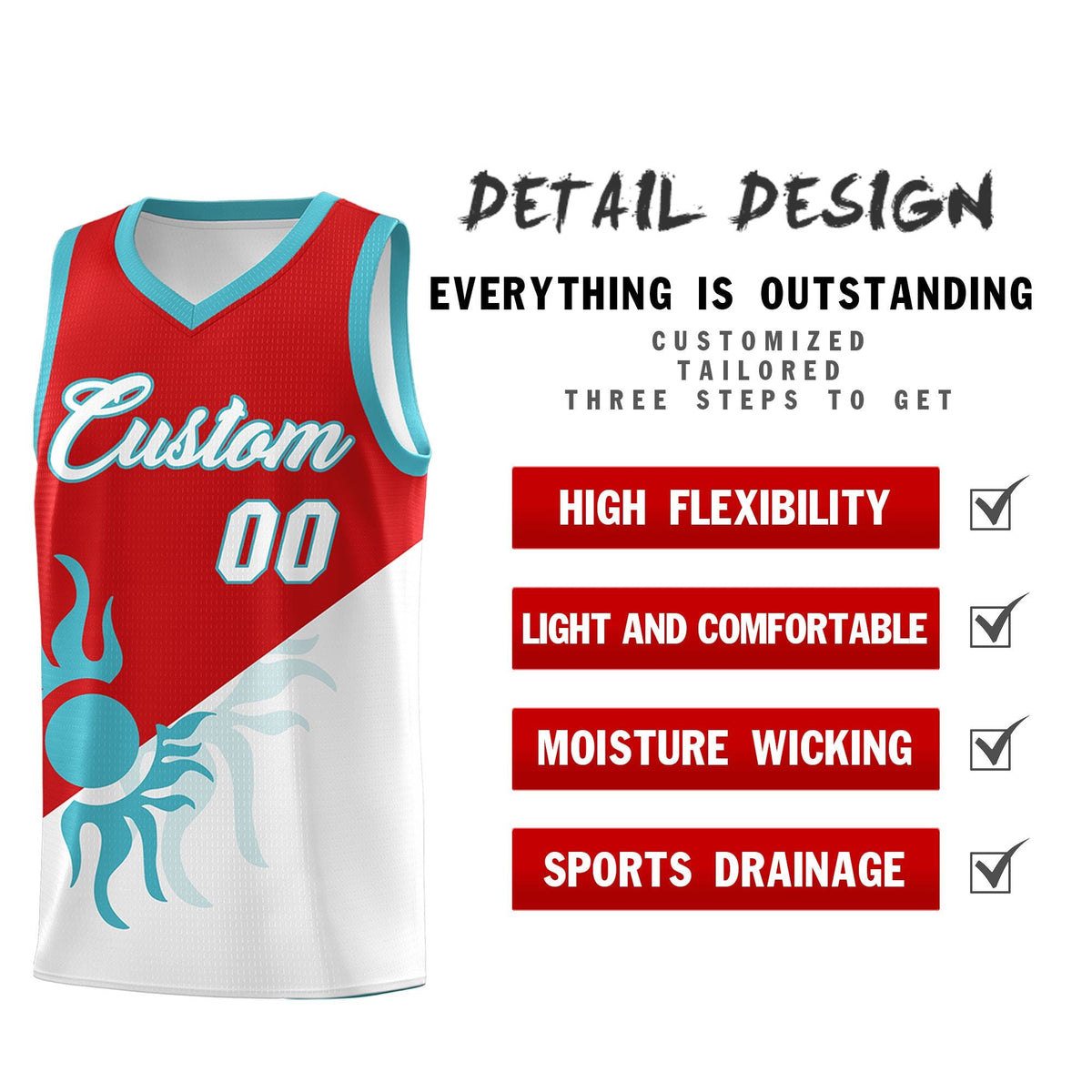 Custom Youth Basketball Jerseys - Red White Radiant Sun Design Two Tone Uniforms