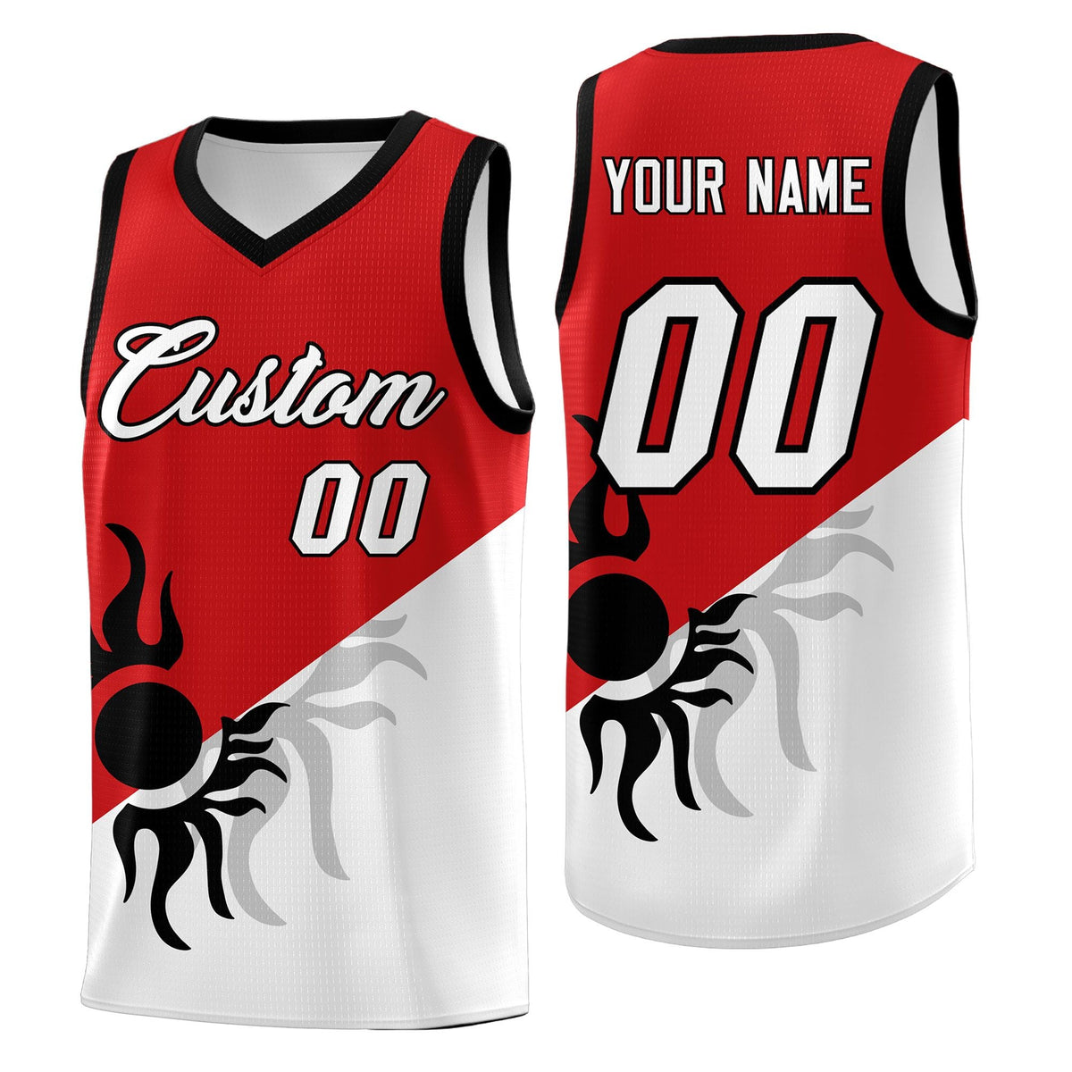 Custom Youth Basketball Jerseys - Red White Sunburst Design Two Tone Uniforms
