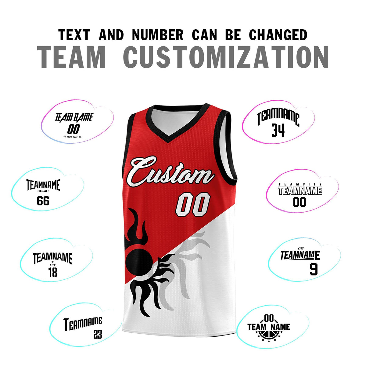 Custom Youth Basketball Jerseys - Red White Sunburst Design Two Tone Uniforms