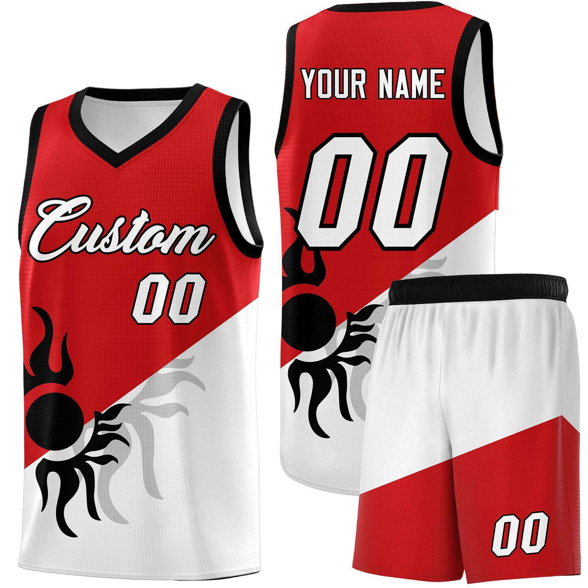 Custom Youth Basketball Jerseys - Red White Sunburst Design Two Tone Uniforms