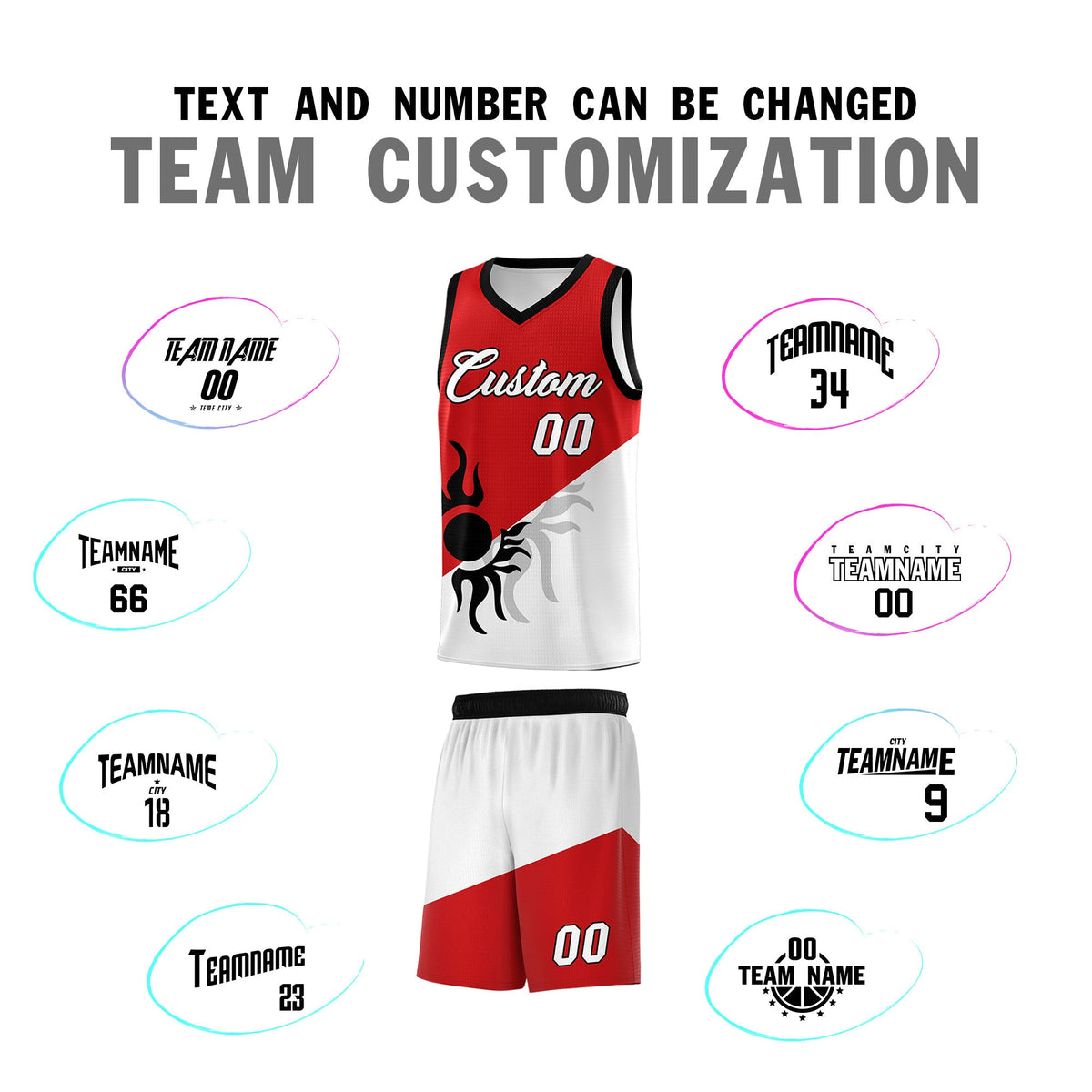 Custom Youth Basketball Jerseys - Red White Sunburst Design Two Tone Uniforms
