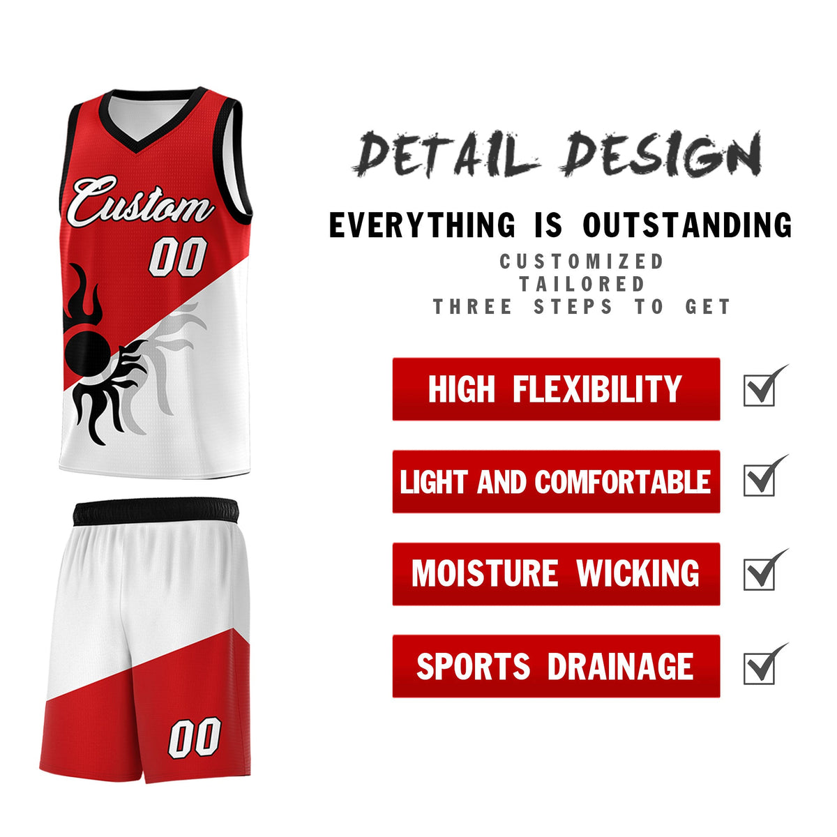 Custom Youth Basketball Jerseys - Red White Sunburst Design Two Tone Uniforms