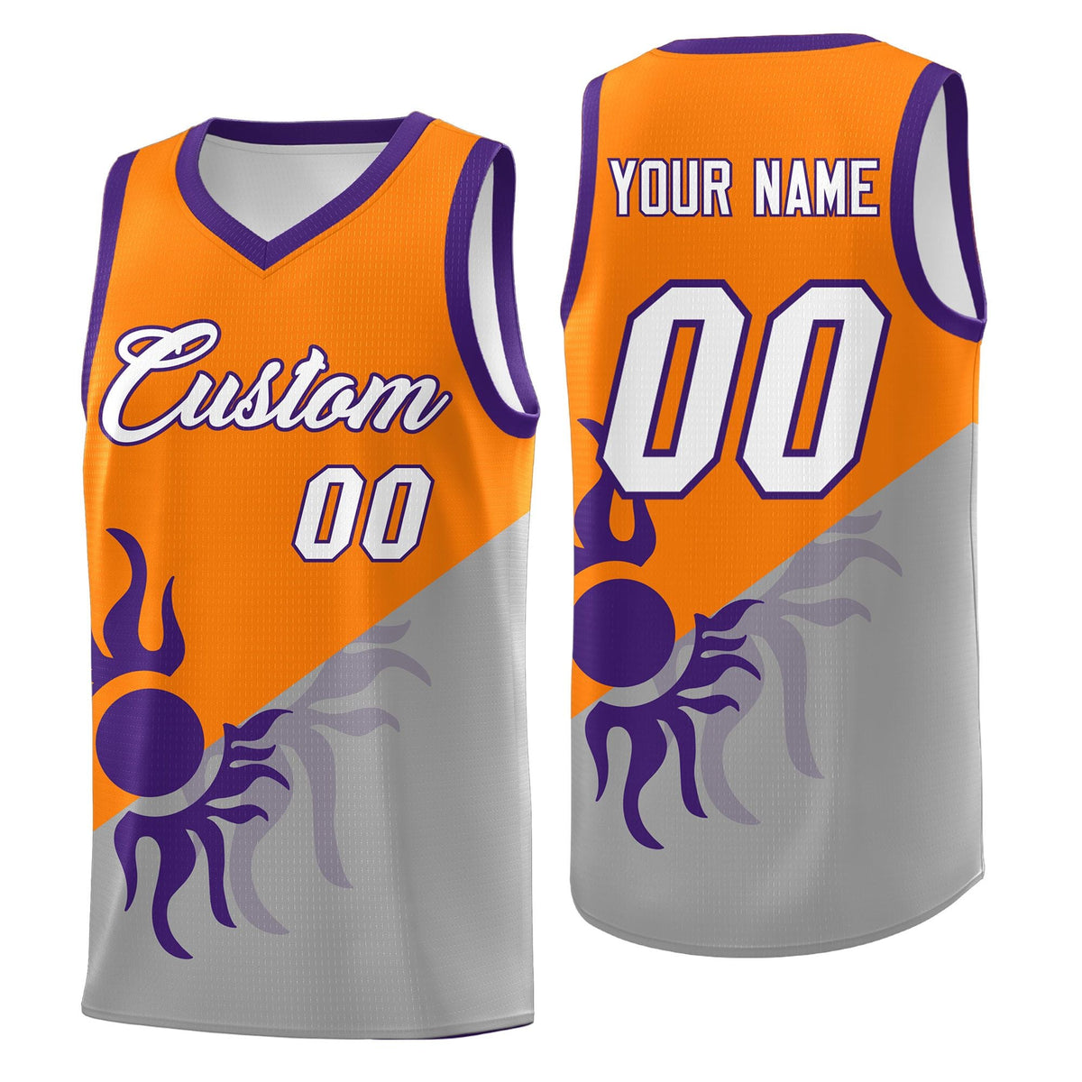 Custom Youth Basketball Jerseys - Orange Gray Sunburst Design Two Tone Uniforms