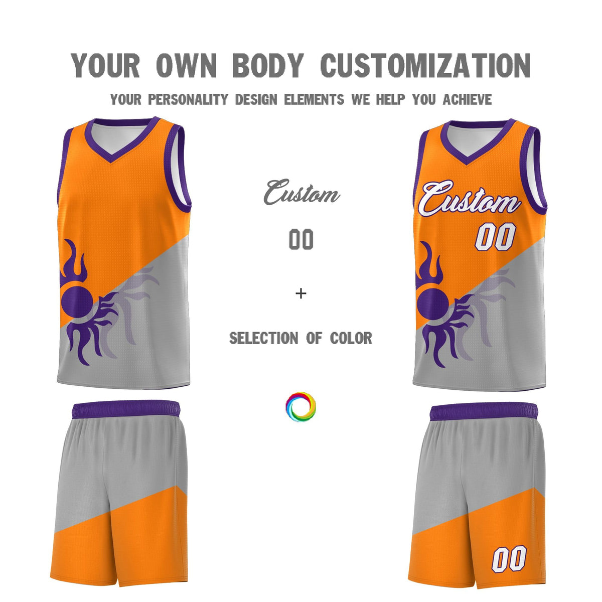 Custom Youth Basketball Jerseys - Orange Gray Sunburst Design Two Tone Uniforms