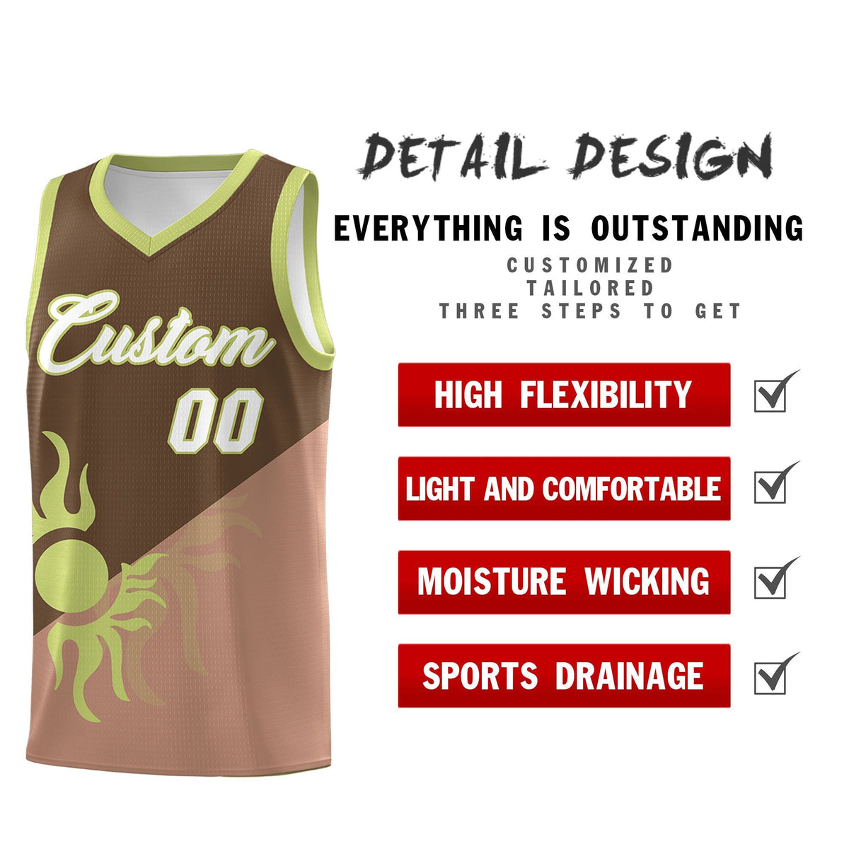 Custom Youth Basketball Jerseys - Coffee Light Brown Radiant Sun Design Two Tone Uniforms